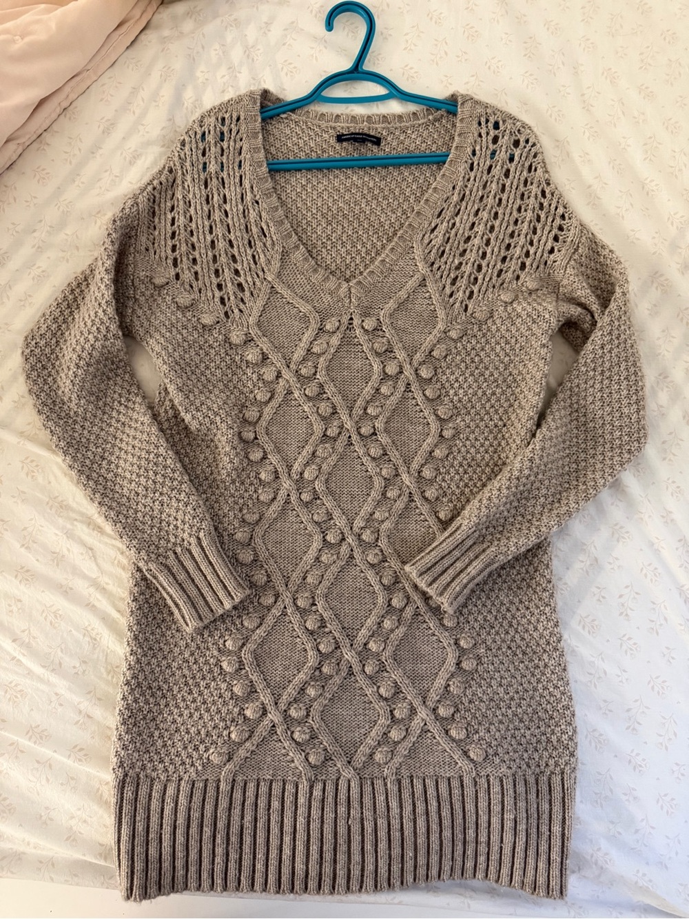 American Eagle Outfitters Taupe Cable Knit V-Neck Sweater Dress